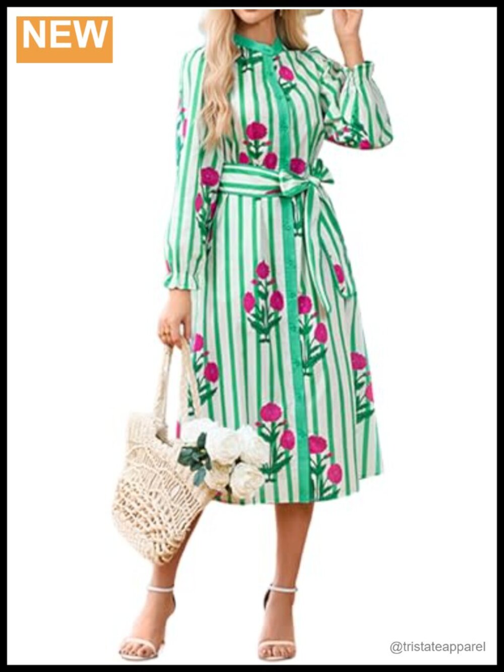 Floral Midi Dress Long Sleeve Button Down Shirt Dress with Belt
